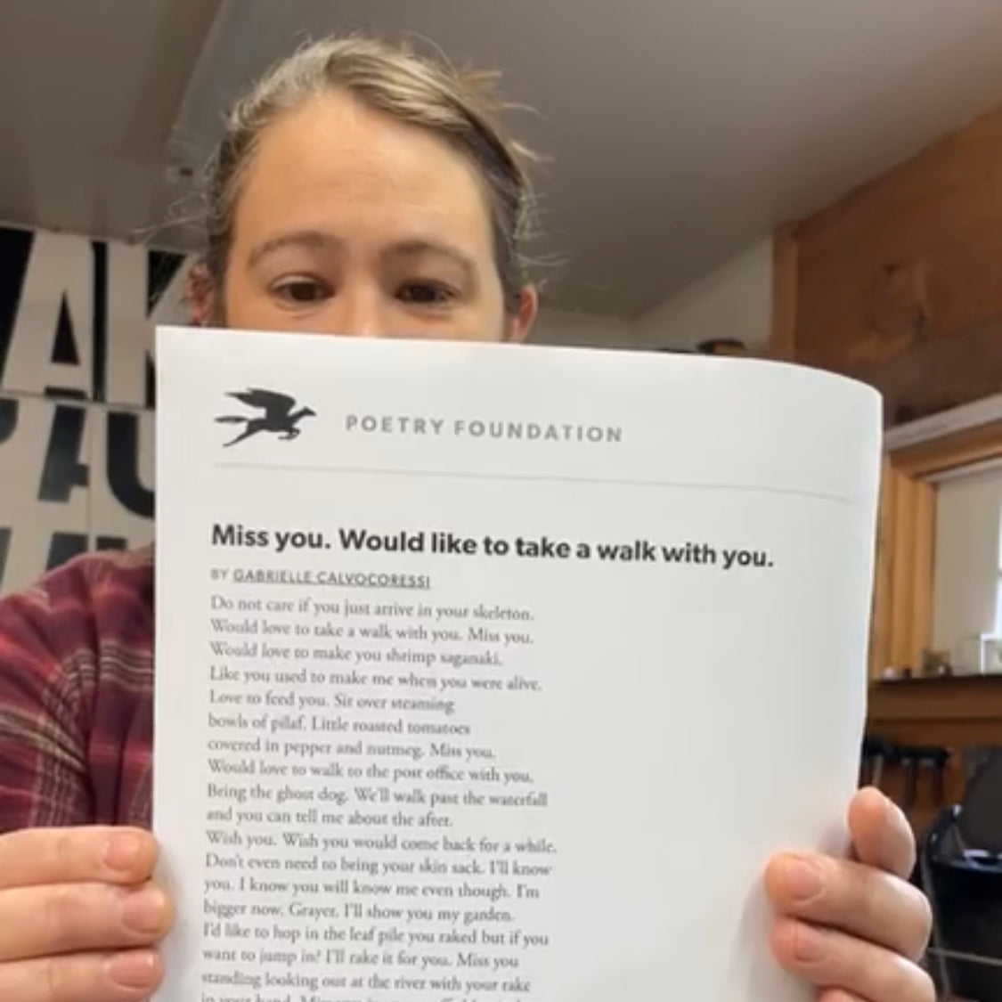 Reading “Miss you. Would like to take a walk with you.” by Gabrielle Calvocoressi